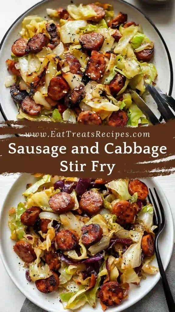 Sausage and cabbage stir fry with caramelized cabbage served on white marble background