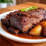 Slow Cooked Beef Brisket cooked until tender and fall-apart on white marble background