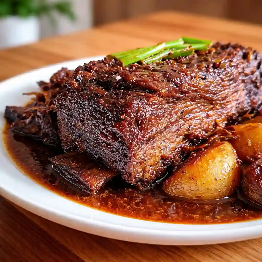 Slow Cooked Beef Brisket cooked until tender and fall-apart on white marble background
