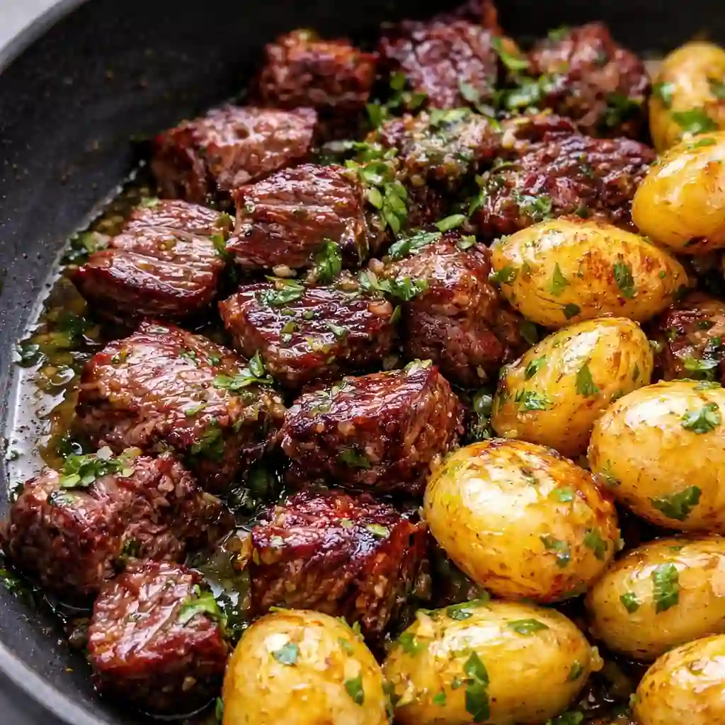 Cozy Slow Cooker Garlic Butter Beef with Potatoes served tender and comforting on white marble background
