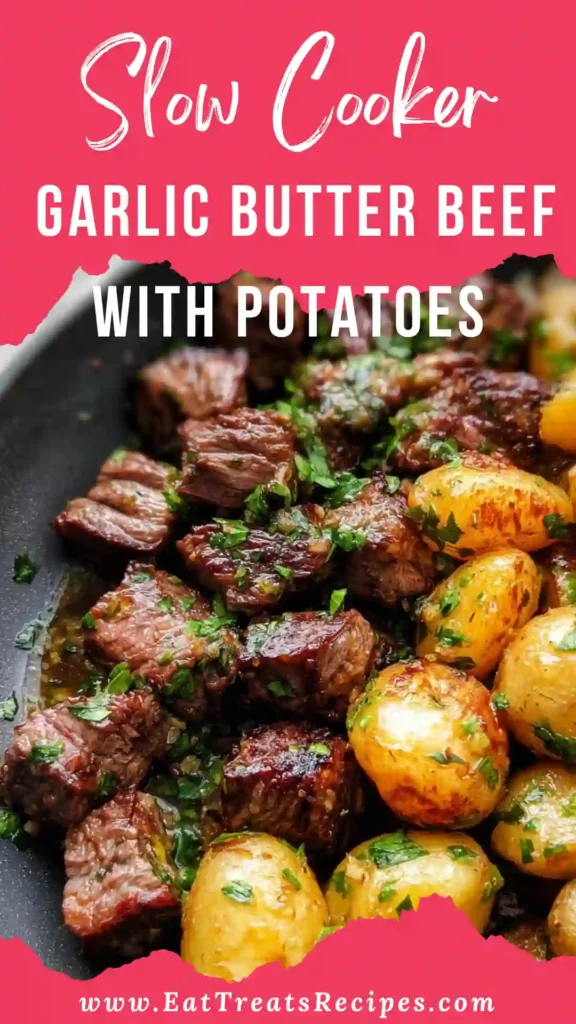 Cozy Slow Cooker Garlic Butter Beef with Potatoes served tender and comforting on white marble background