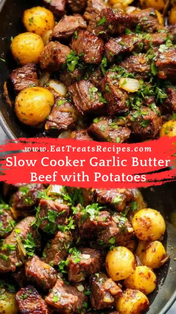 Cozy Slow Cooker Garlic Butter Beef with Potatoes served tender and comforting on white marble background