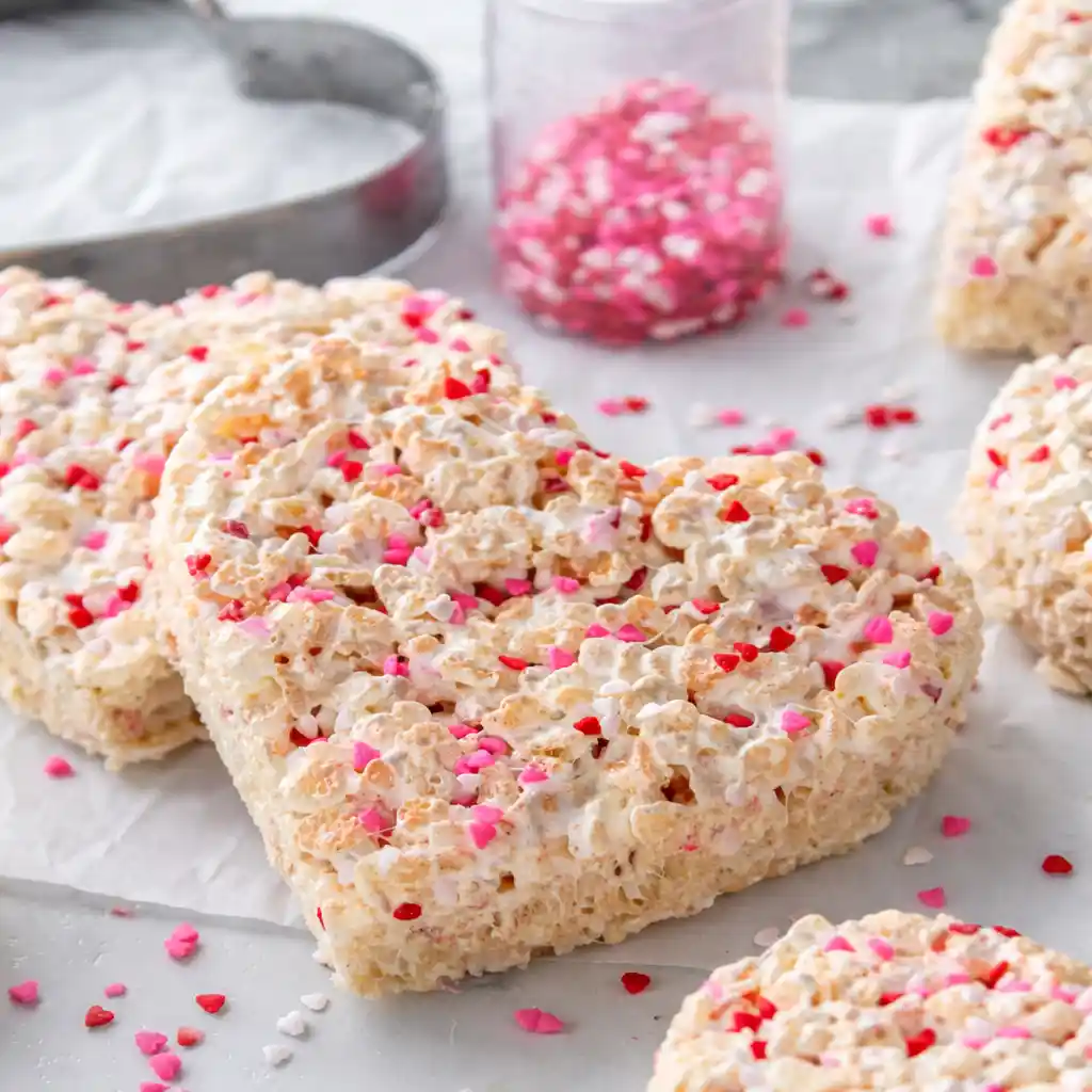 Valentine Rice Krispie Treats shaped into hearts