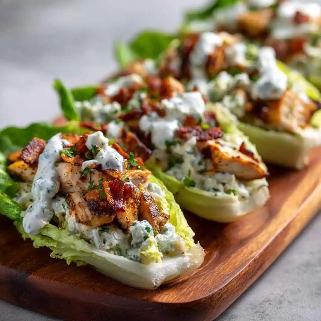 Chicken bacon ranch lettuce wraps ingredients including shredded chicken, crispy bacon, ranch dressing, cheese and romaine lettuce on white marble background