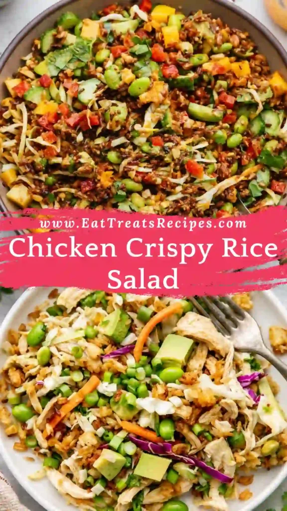 Chicken crispy rice salad in white bowl with golden crispy rice