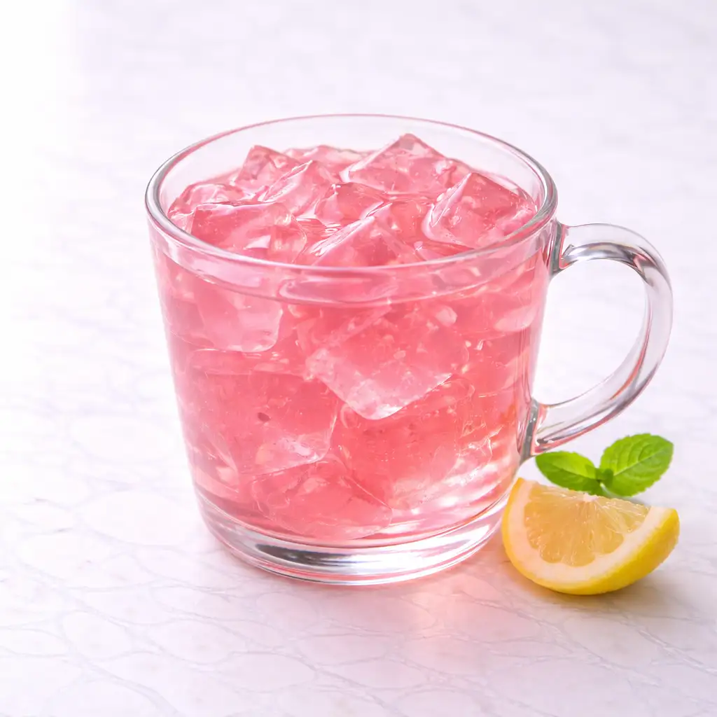 Gelatin Drink Recipe in clear glass mug on white marble surface, simple 3 ingredient gelatin trick drink
