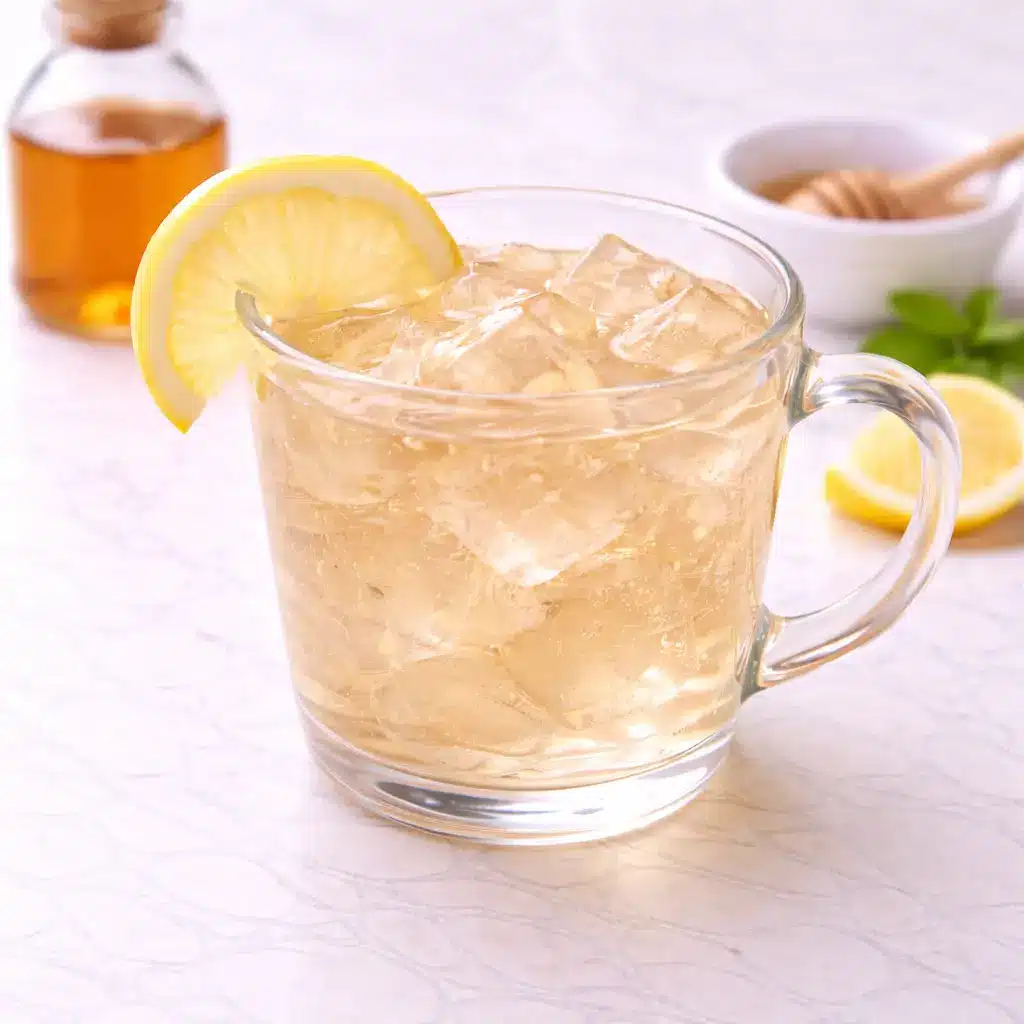 Gelatin Drink Recipe in clear glass mug on white marble surface, simple 3 ingredient gelatin trick drink