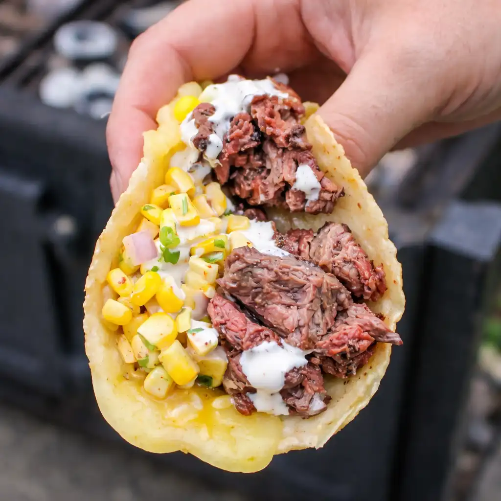Grilled Steak Elote Tacos served on white marble background with cotija cheese and lime wedges