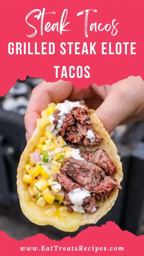 Grilled Steak Elote Tacos served on white marble background with cotija cheese and lime wedges