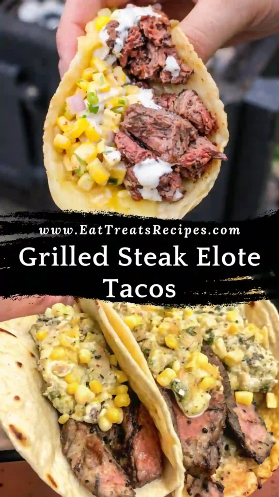 Grilled Steak Elote Tacos served on white marble background with cotija cheese and lime wedges