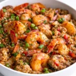 Authentic Louisiana Cajun Jambalaya Recipe ingredients including chicken thighs, andouille sausage, bell pepper, celery, onion and Cajun seasoning on white marble surface