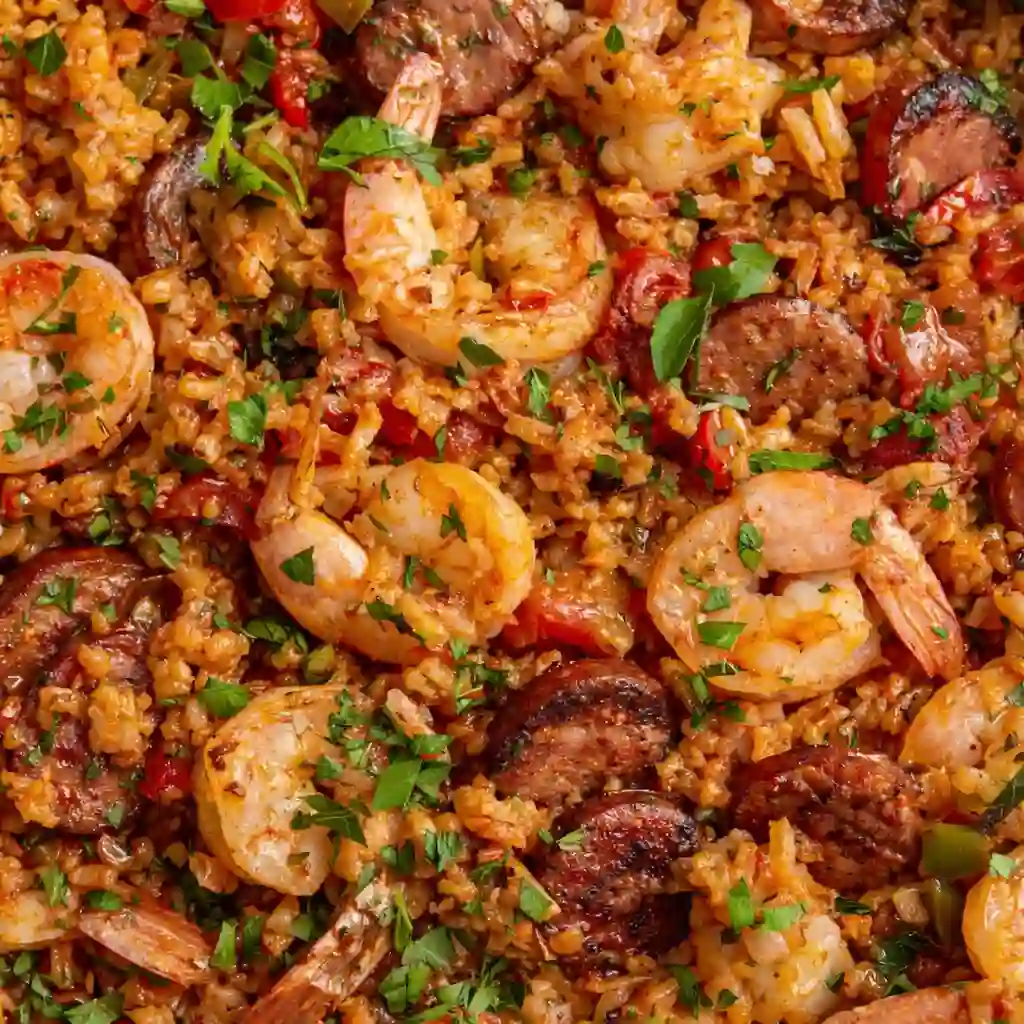 Authentic Louisiana Cajun Jambalaya Recipe ingredients including chicken thighs, andouille sausage, bell pepper, celery, onion and Cajun seasoning on white marble surface