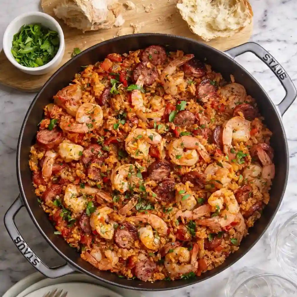 Authentic Louisiana Cajun Jambalaya Recipe ingredients including chicken thighs, andouille sausage, bell pepper, celery, onion and Cajun seasoning on white marble surface