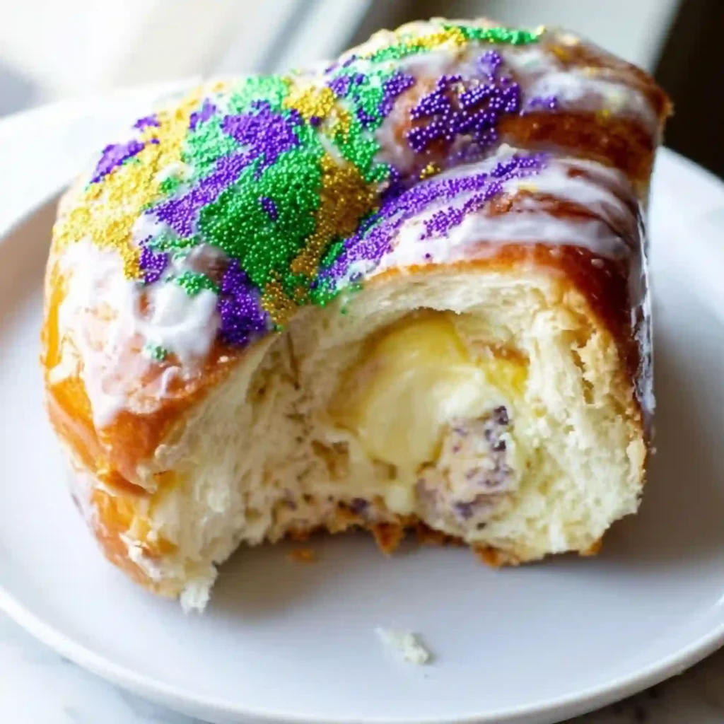Traditional Mardi Gras king cake with icing and colored sugar