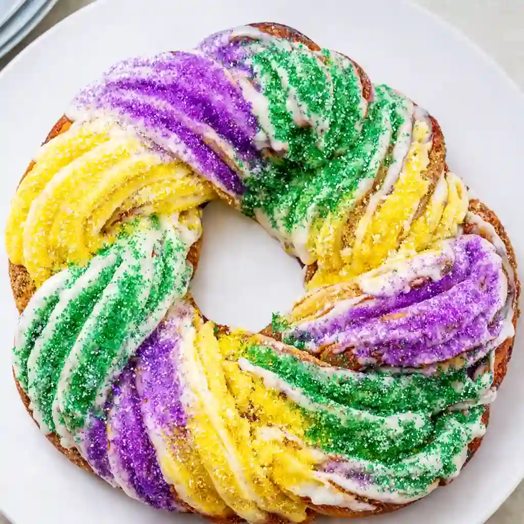 Traditional Mardi Gras king cake with icing and colored sugar