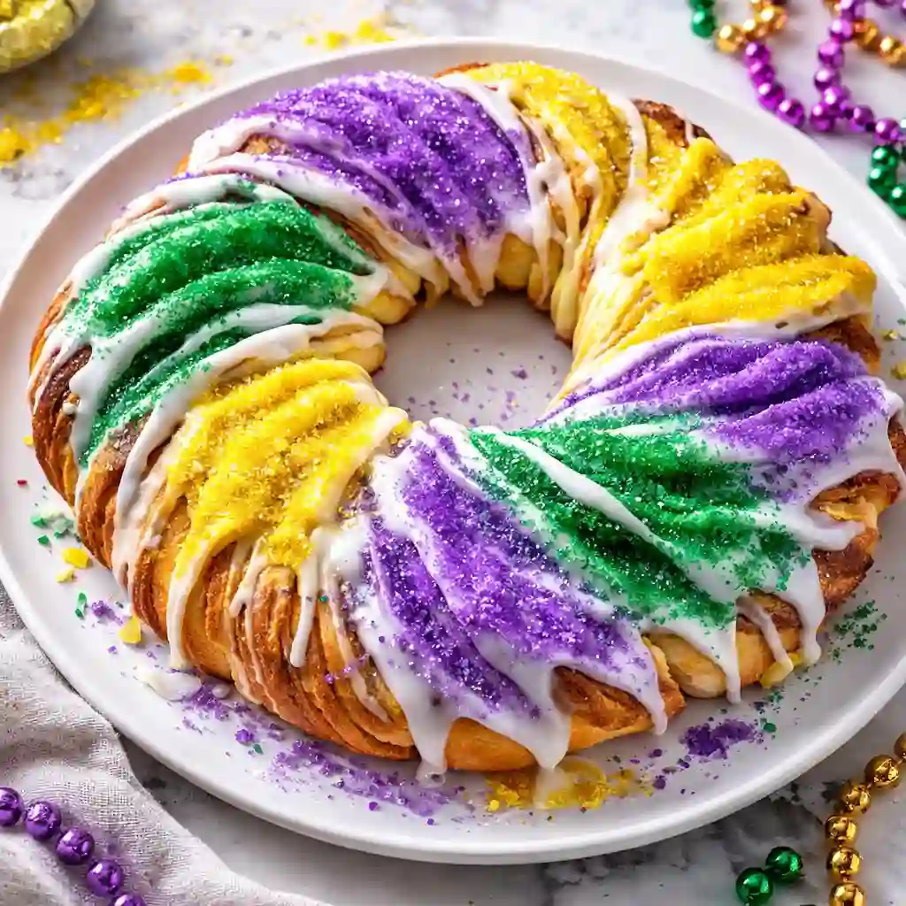 Traditional Mardi Gras king cake with icing and colored sugar