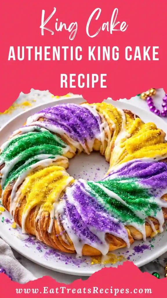 Traditional Mardi Gras king cake with icing and colored sugar