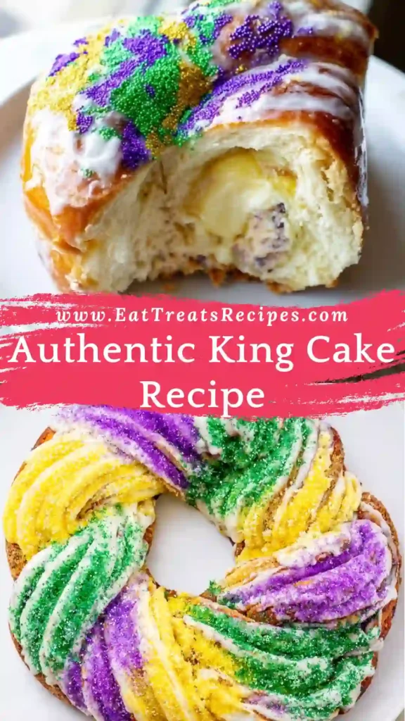 Traditional Mardi Gras king cake with icing and colored sugar