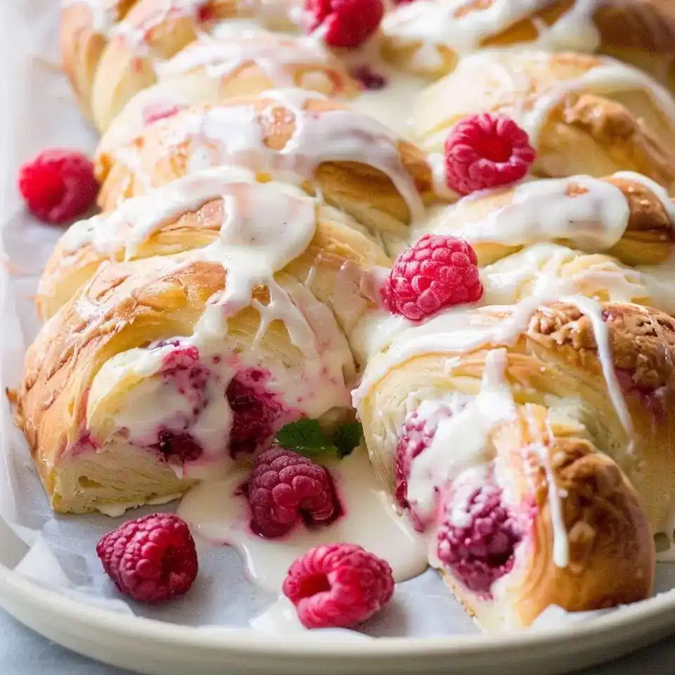 Lemon raspberry cream cheese danish rolls on white plate