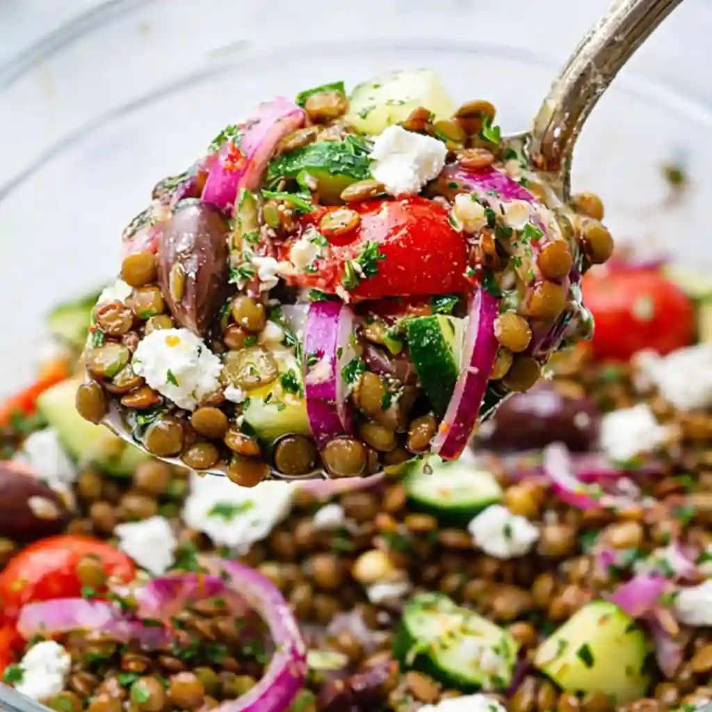 Mediterranean Lentil Salad with tahini dressing and fresh herbs