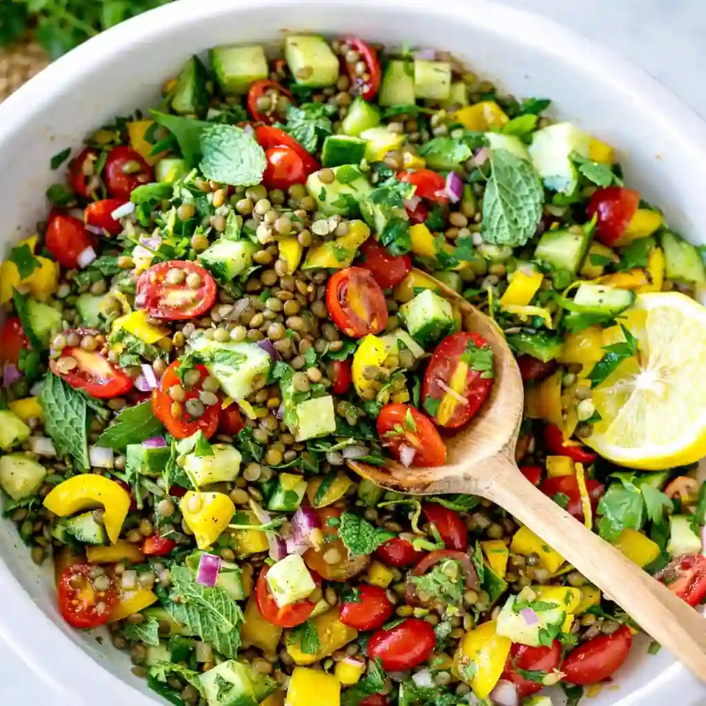 Mediterranean Lentil Salad with tahini dressing and fresh herbs