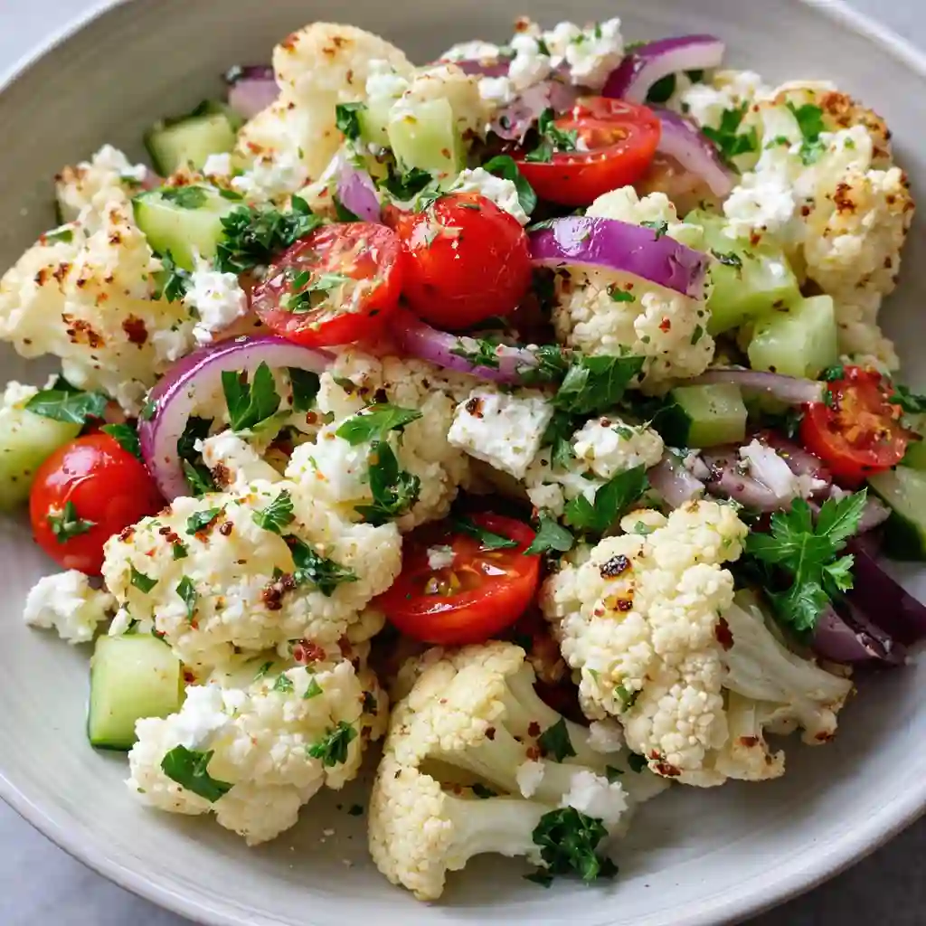 Mediterranean marinated cauliflower salad with olives and herbs