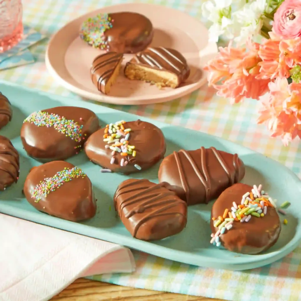 Peanut Butter Eggs coated in chocolate on white marble background