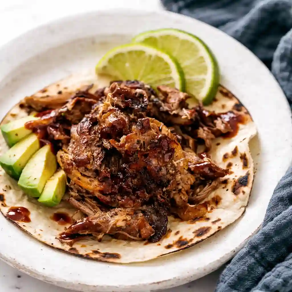 Slow Cooker Carnitas Recipe with crispy shredded pork and soft tortillas