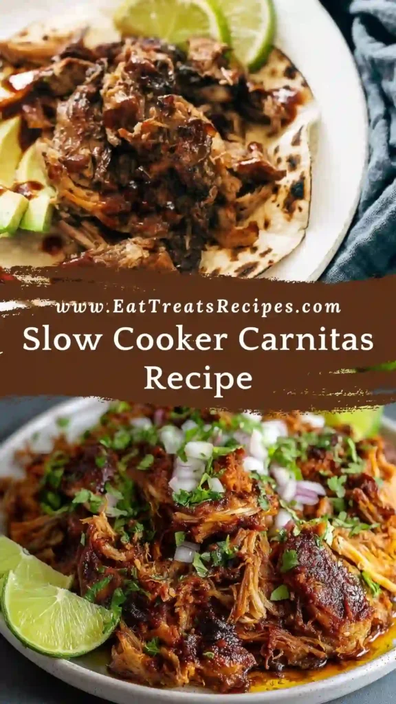 Slow Cooker Carnitas Recipe with crispy shredded pork and soft tortillas