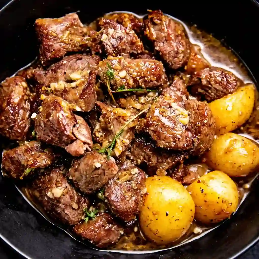 slow cooker garlic butter beef bites stored in airtight container for meal prep