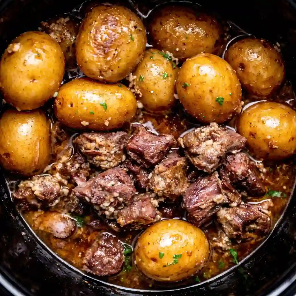 slow cooker garlic butter beef bites stored in airtight container for meal prep
