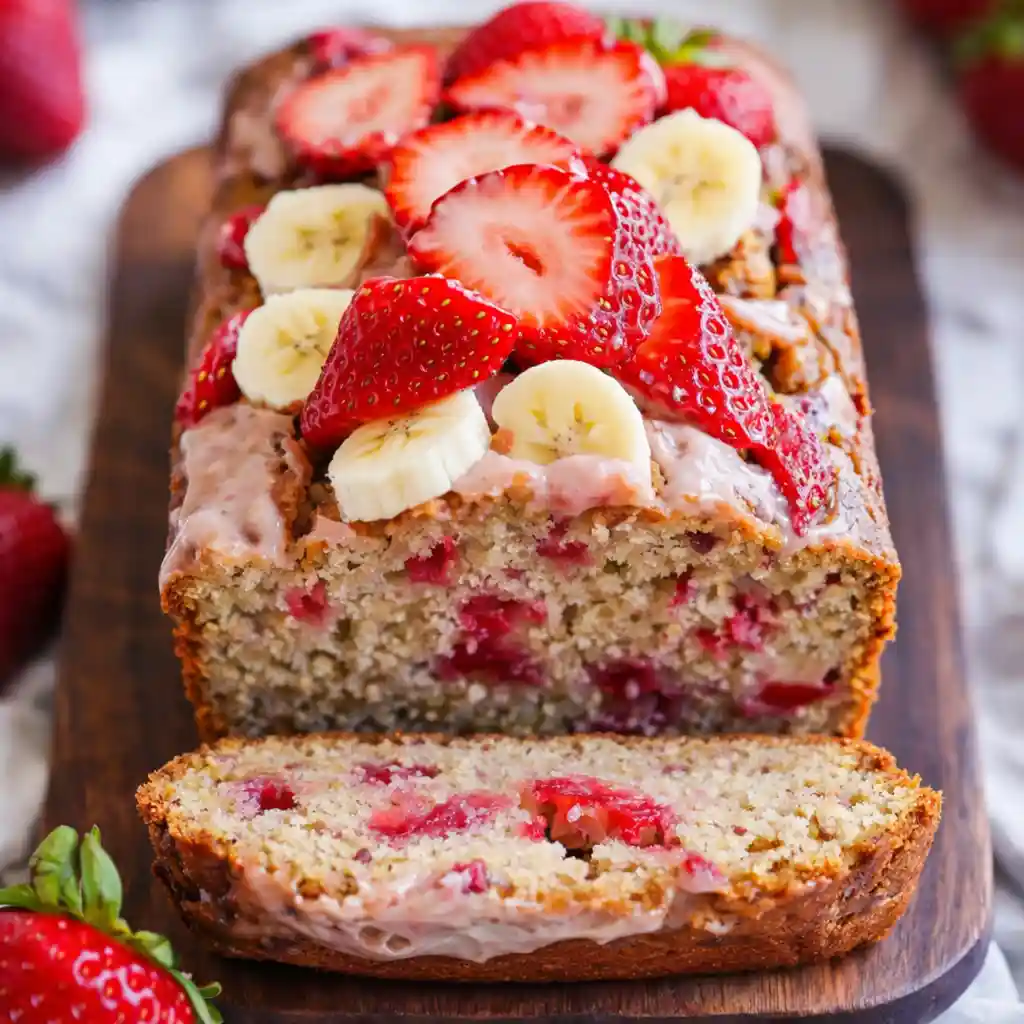 Strawberry banana bread loaf sliced on white marble surface