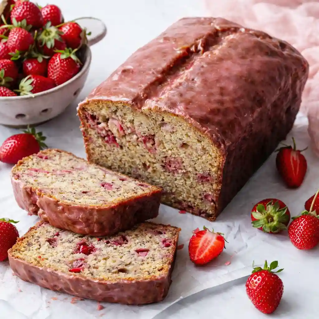 Strawberry banana bread loaf sliced on white marble surface