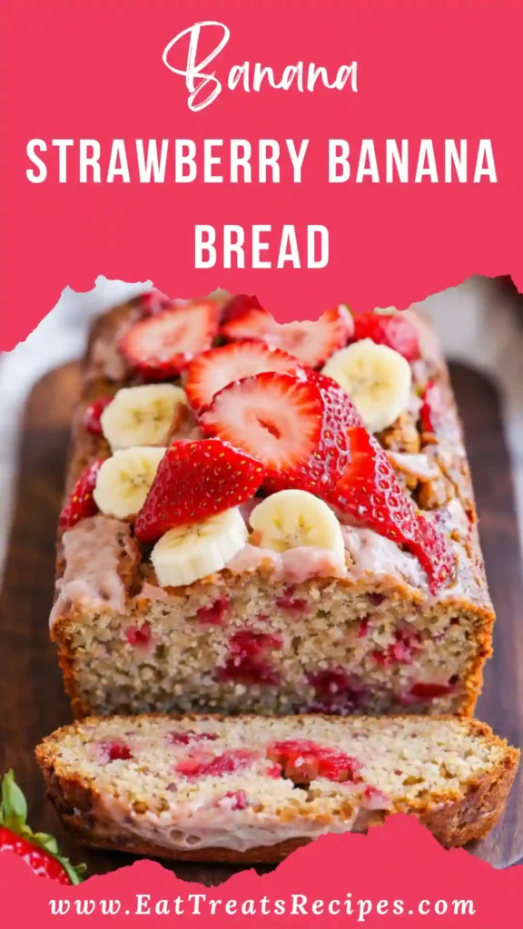 Strawberry banana bread loaf sliced on white marble surface