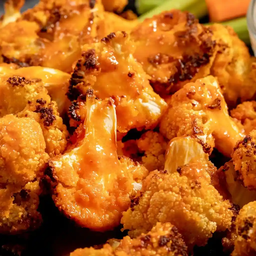 Serving air fryer buffalo cauliflower bites in white bowl with dipping sauce