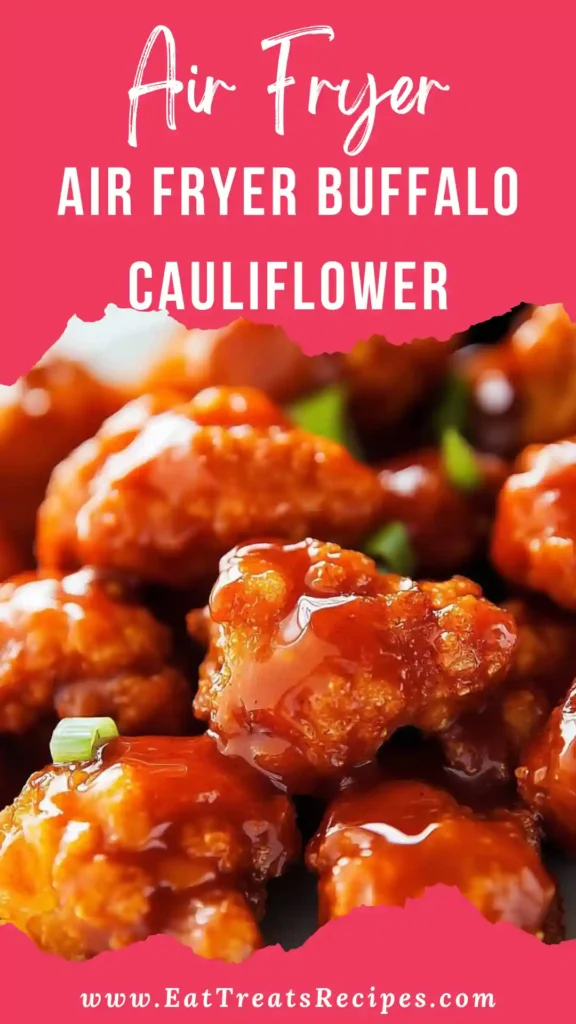 Serving air fryer buffalo cauliflower bites in white bowl with dipping sauce