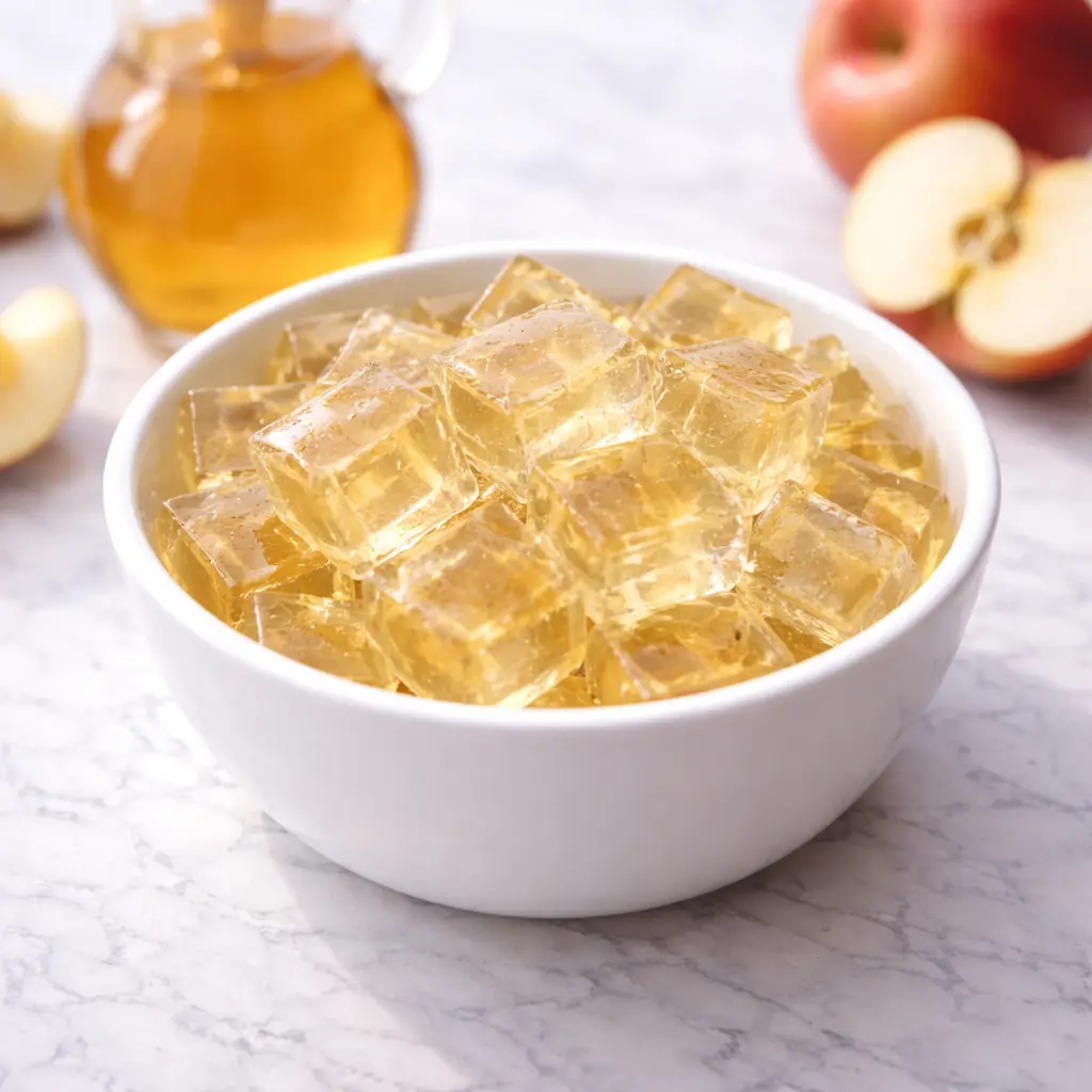 Apple Cider Vinegar Gelatin cubes served in white bowl on marble surface