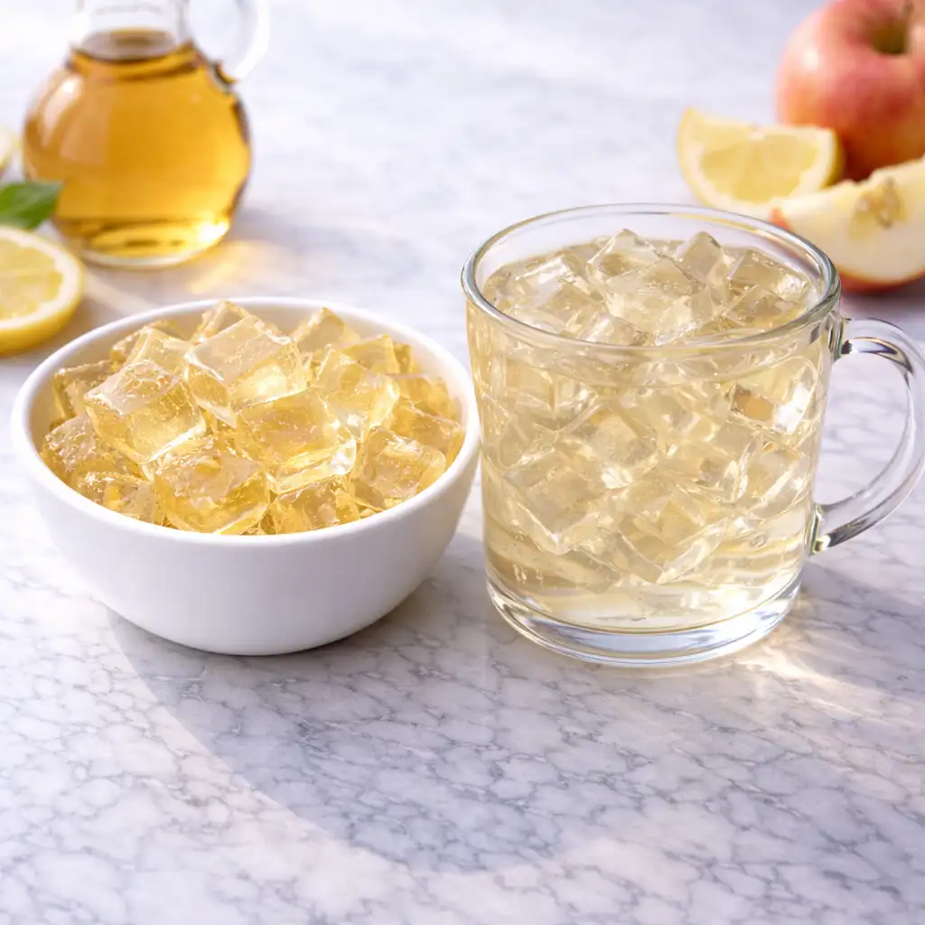 Apple Cider Vinegar Gelatin cubes served in white bowl on marble surface