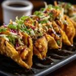 Crispy Asian Chicken Wonton Tacos with teriyaki glaze