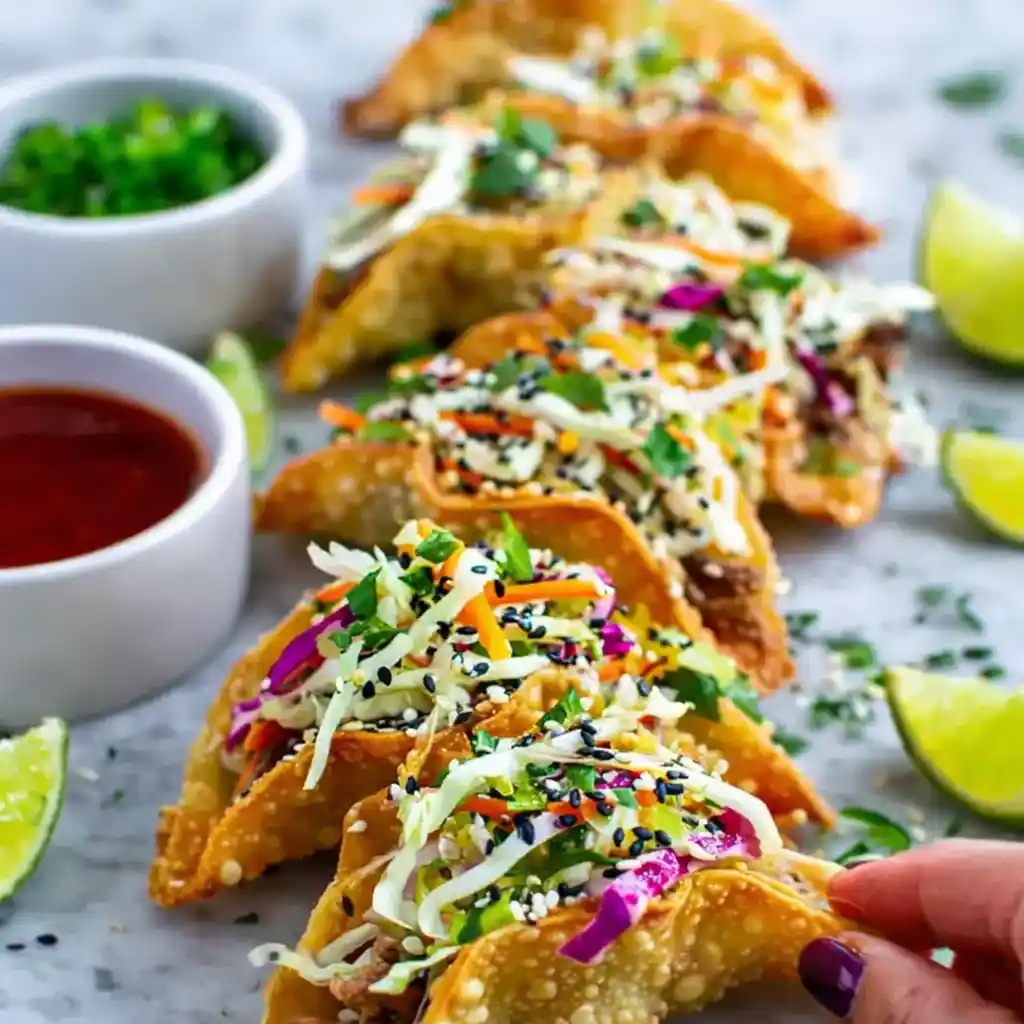 Crispy Asian Chicken Wonton Tacos with teriyaki glaze