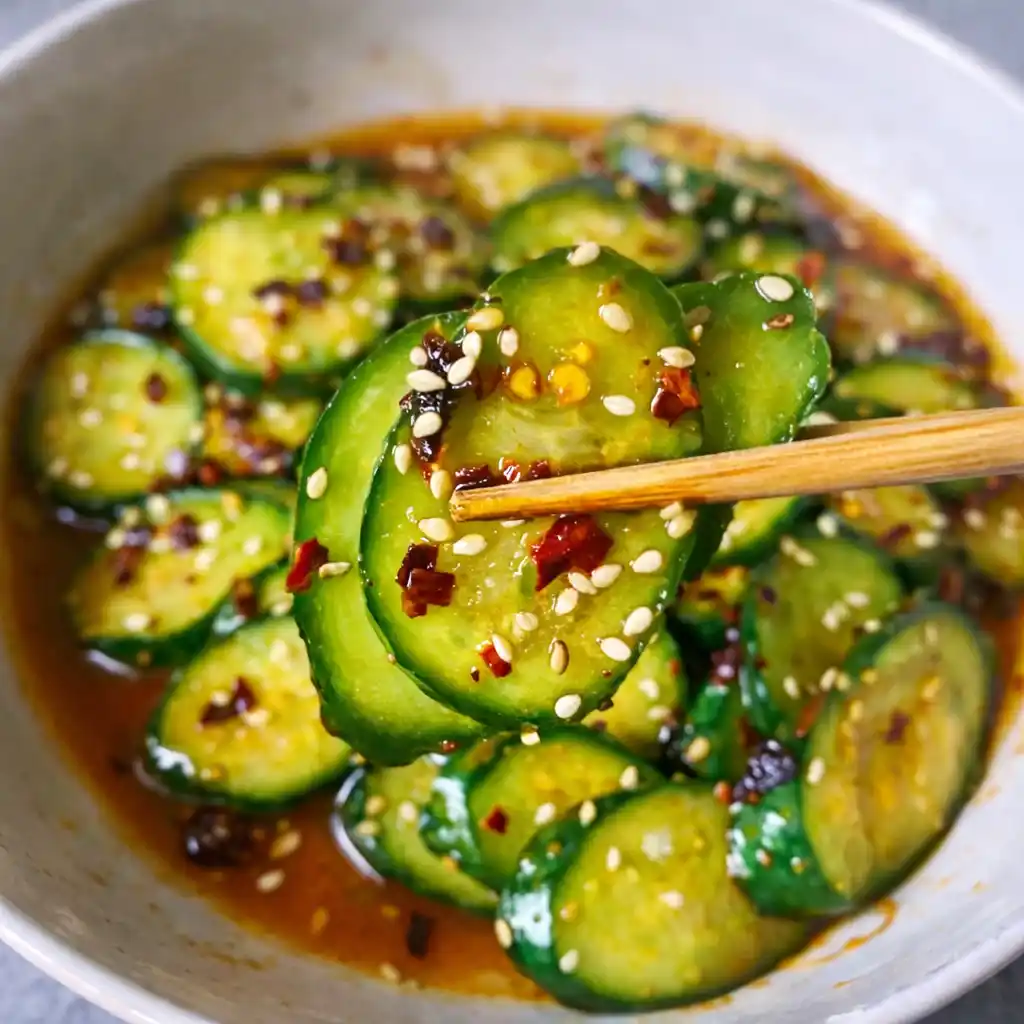 Serving Asian cucumber salad in white bowl with sesame seeds and chili oil