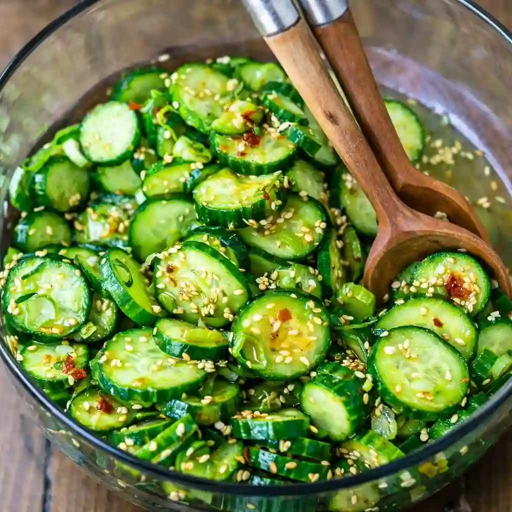 Serving Asian cucumber salad in white bowl with sesame seeds and chili oil