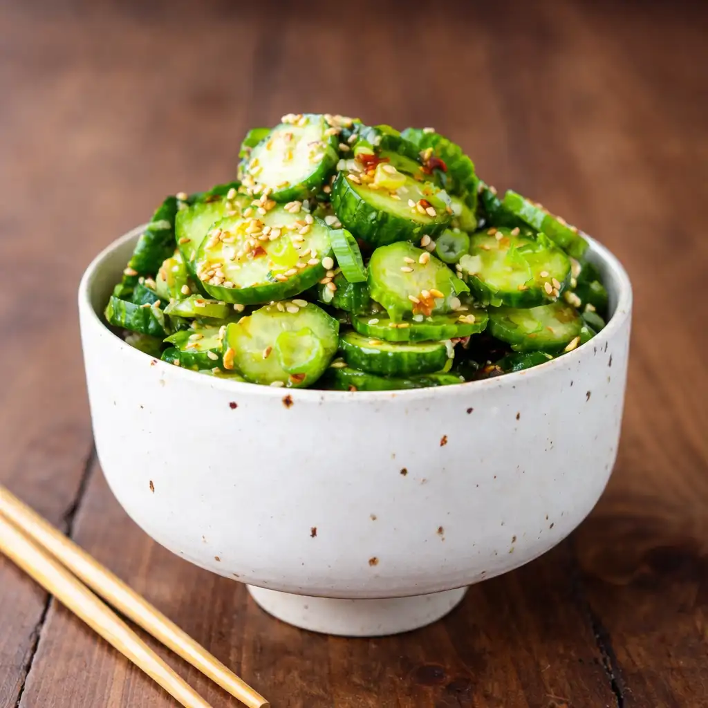Serving Asian cucumber salad in white bowl with sesame seeds and chili oil