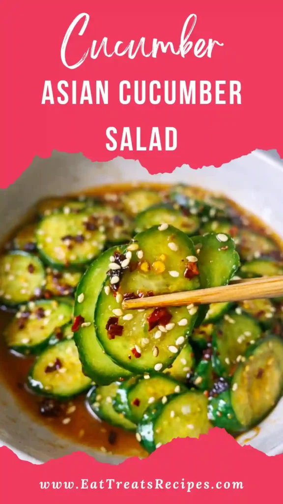 Serving Asian cucumber salad in white bowl with sesame seeds and chili oil