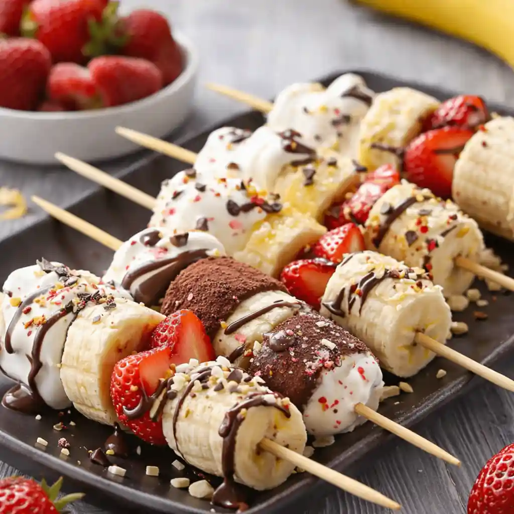 Banana split dessert kabobs with chocolate drizzle on white marble background