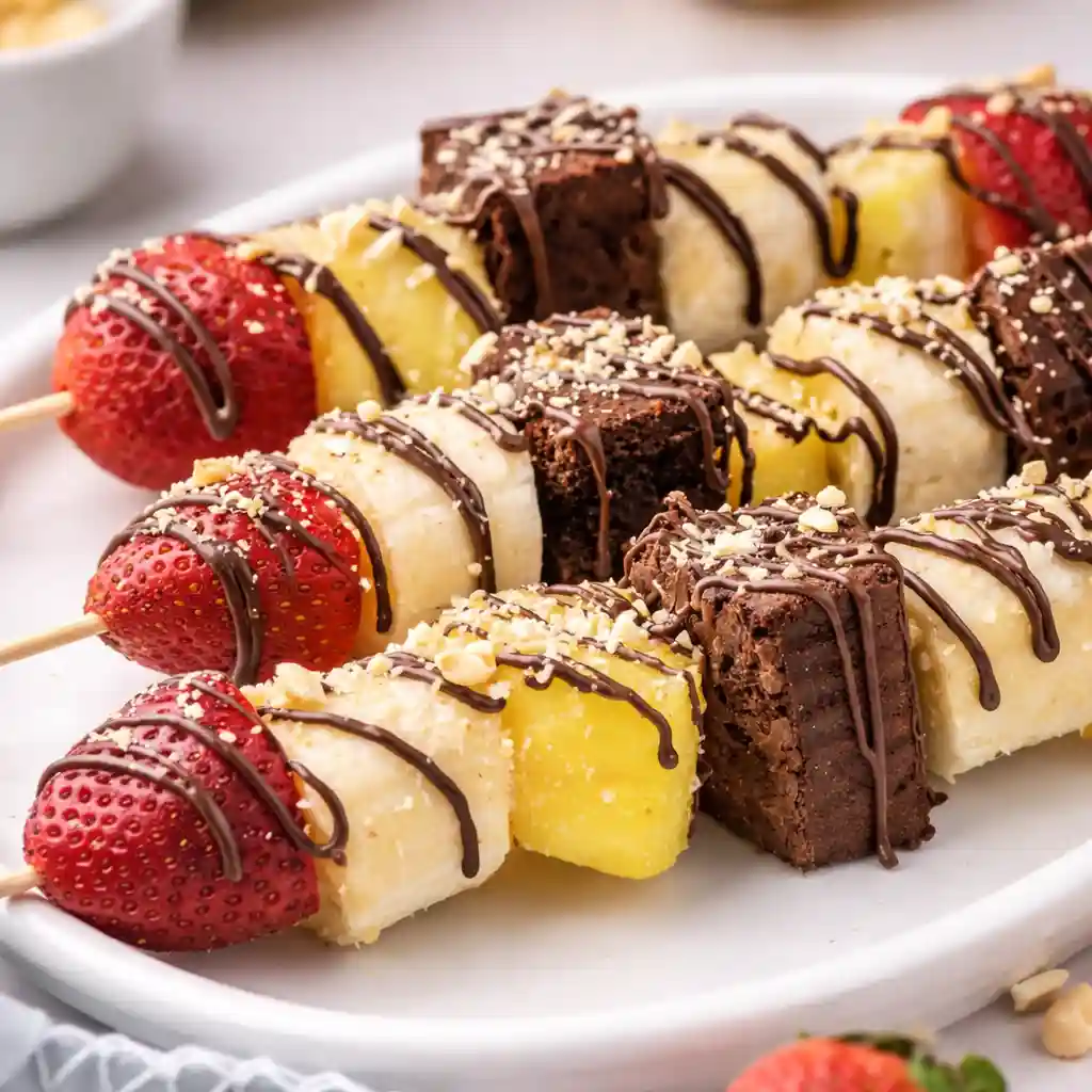 Banana split dessert kabobs with chocolate drizzle on white marble background