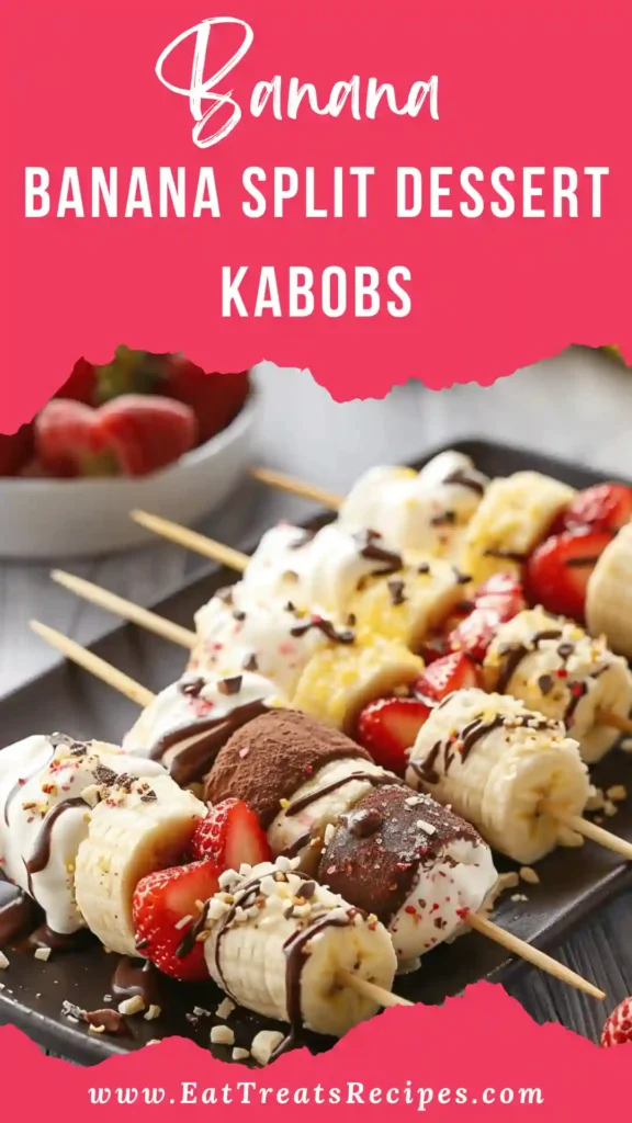 Banana split dessert kabobs with chocolate drizzle on white marble background