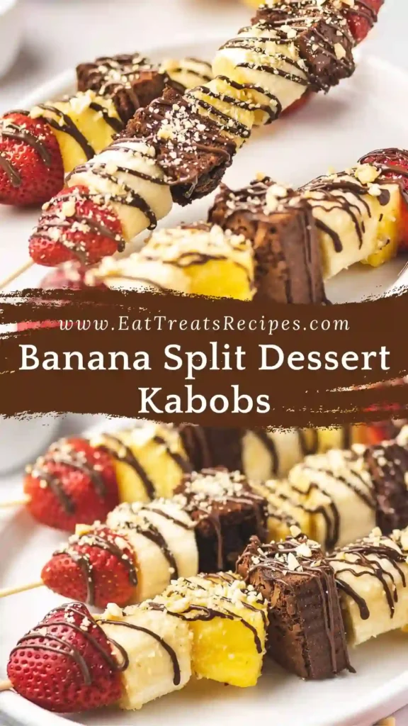 Banana split dessert kabobs with chocolate drizzle on white marble background