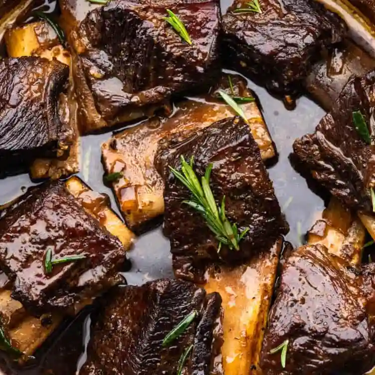 Raw beef short ribs with carrots, garlic, herbs, and wine on marble surface