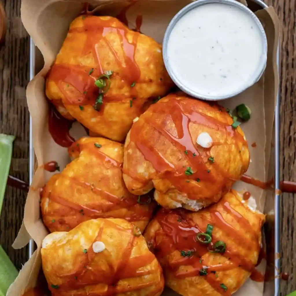 buffalo ranch chicken bombs stored in meal prep container on marble surface